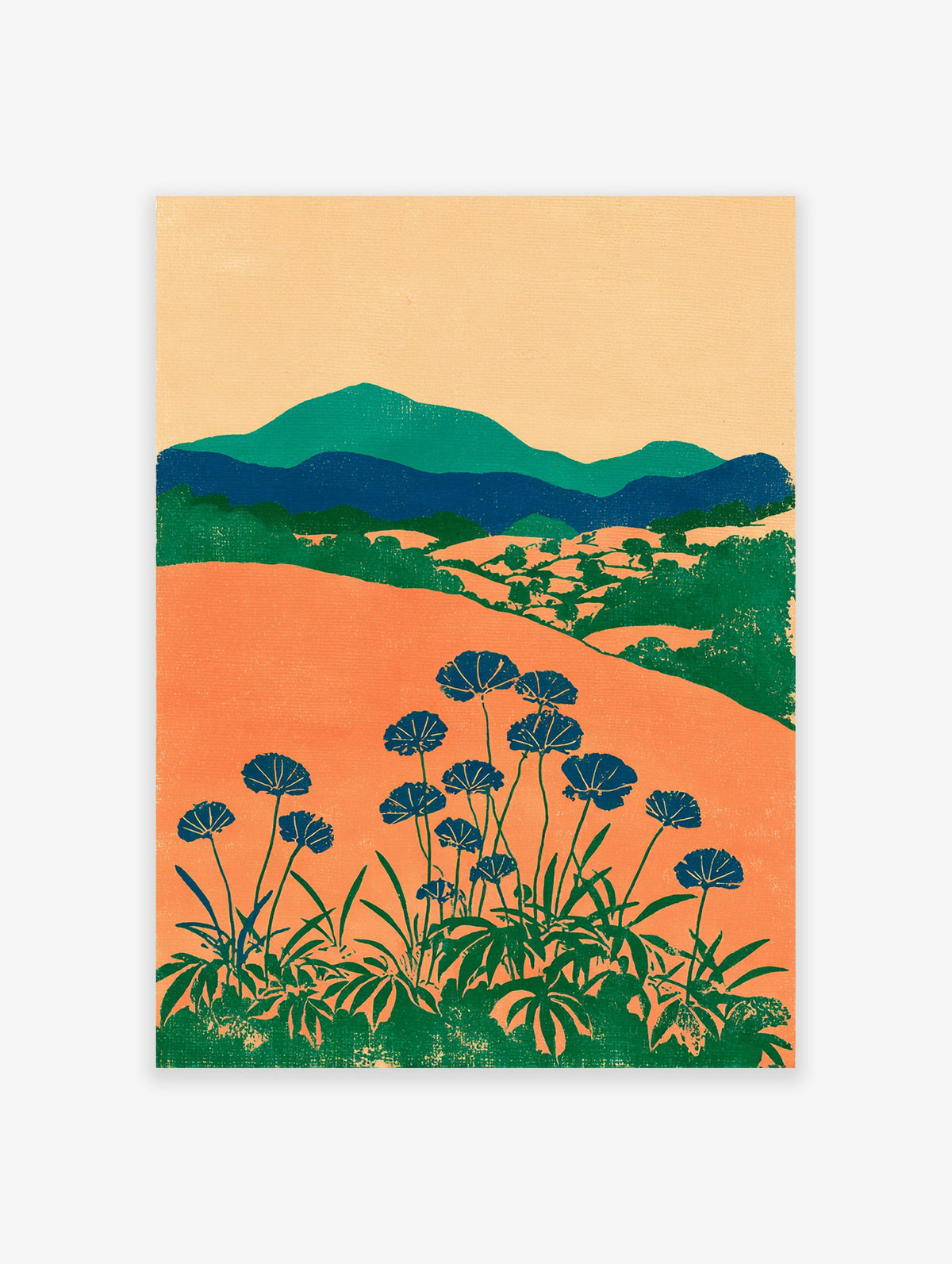 Modern botanical wall art print with orange fields, green mountains, and blue flowers on long stems against a light background.