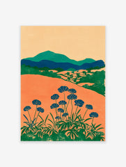 Modern botanical wall art print with orange fields, green mountains, and blue flowers on long stems against a light background.