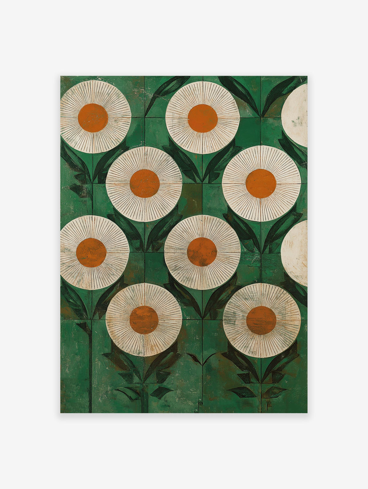 Modern orange and green flower wall art with a repeating botanical pattern of stylized daisies and leaves on a textured background.