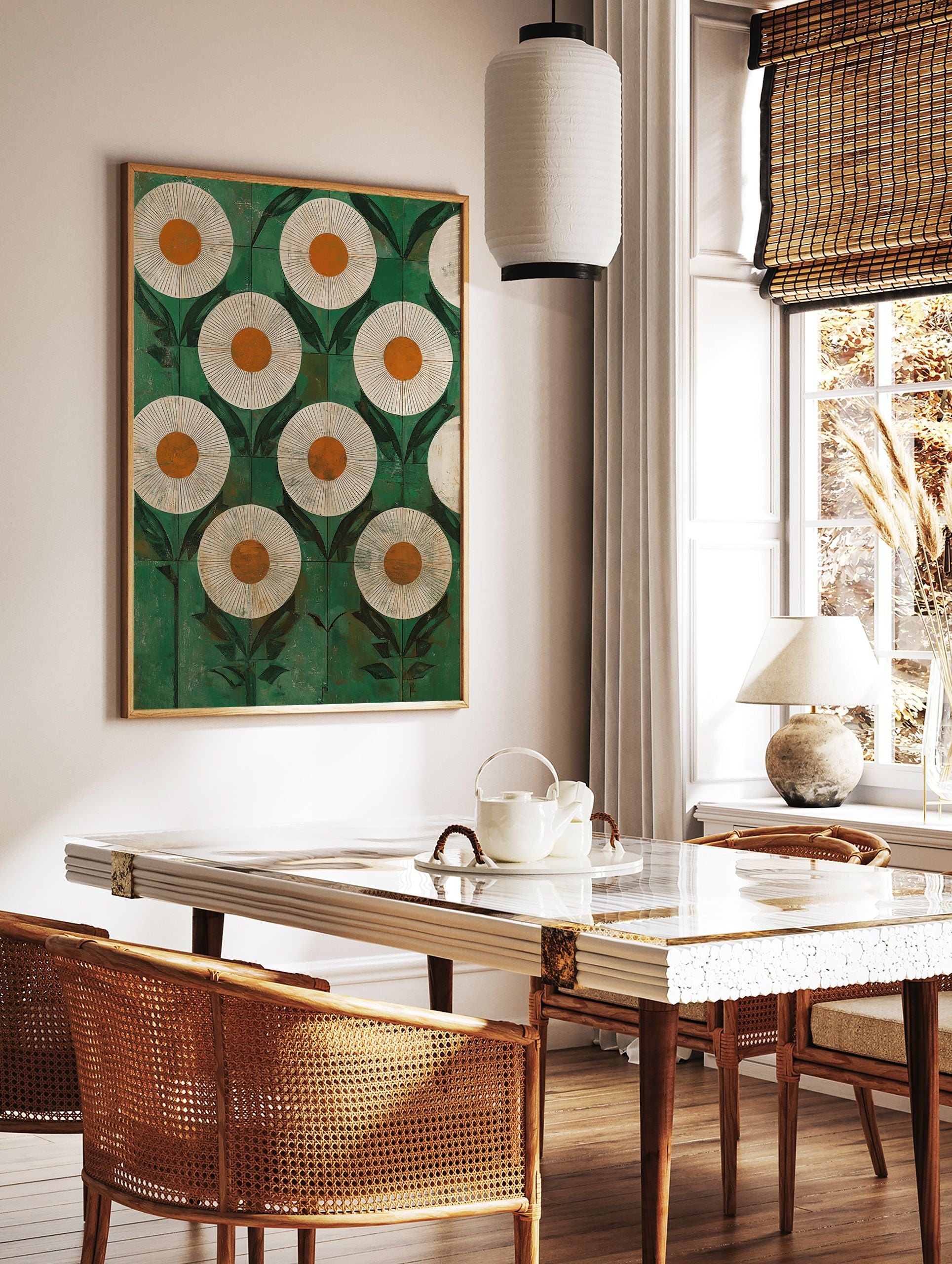 Modern orange and green flower wall art with a repeating botanical pattern of stylized daisies and leaves on a textured background. - Image 2
