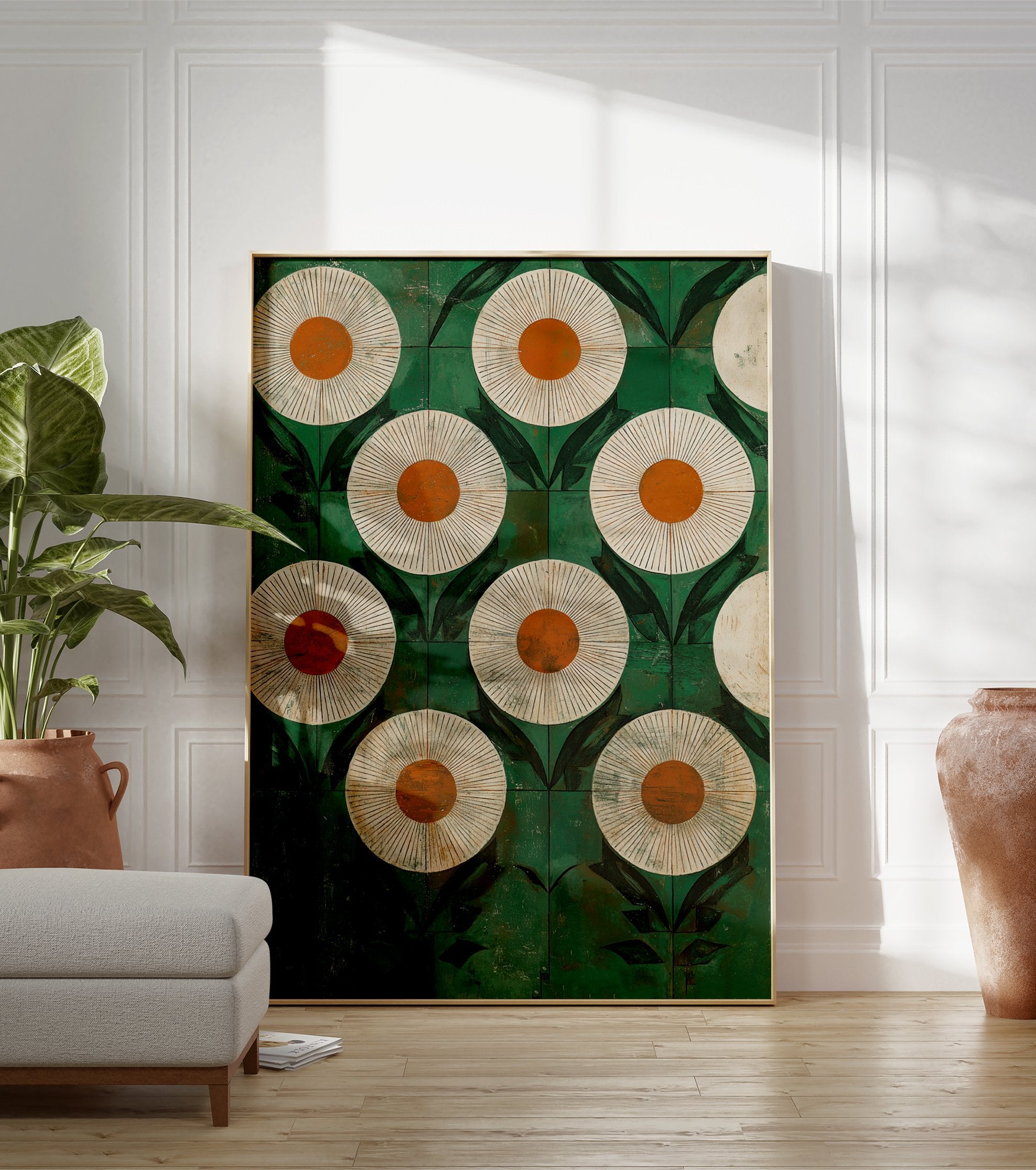 Modern orange and green flower wall art with a repeating botanical pattern of stylized daisies and leaves on a textured background. - Image 3
