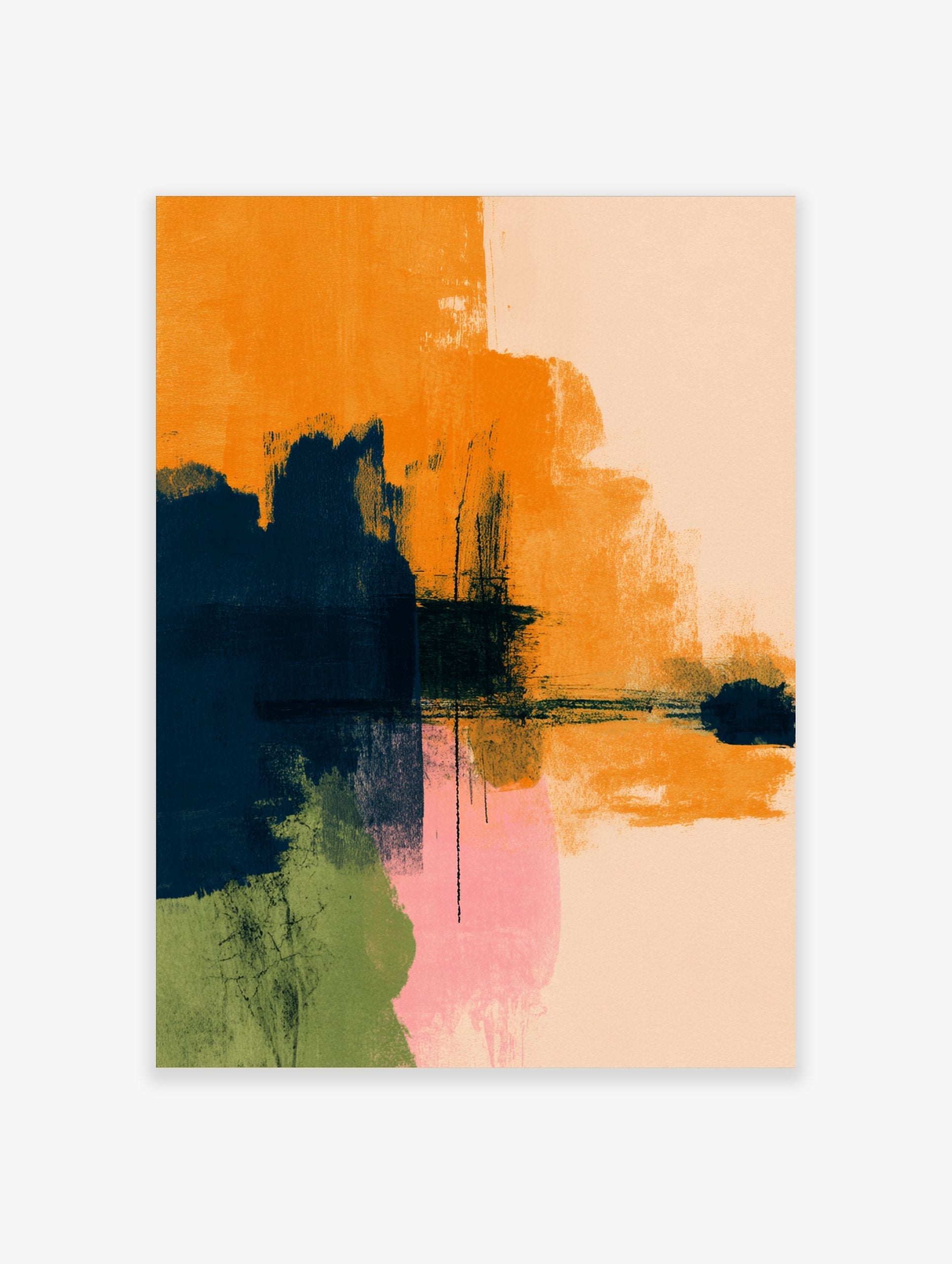 Abstract wall art with orange, navy, pink, and green brushstrokes creating a textured, layered composition