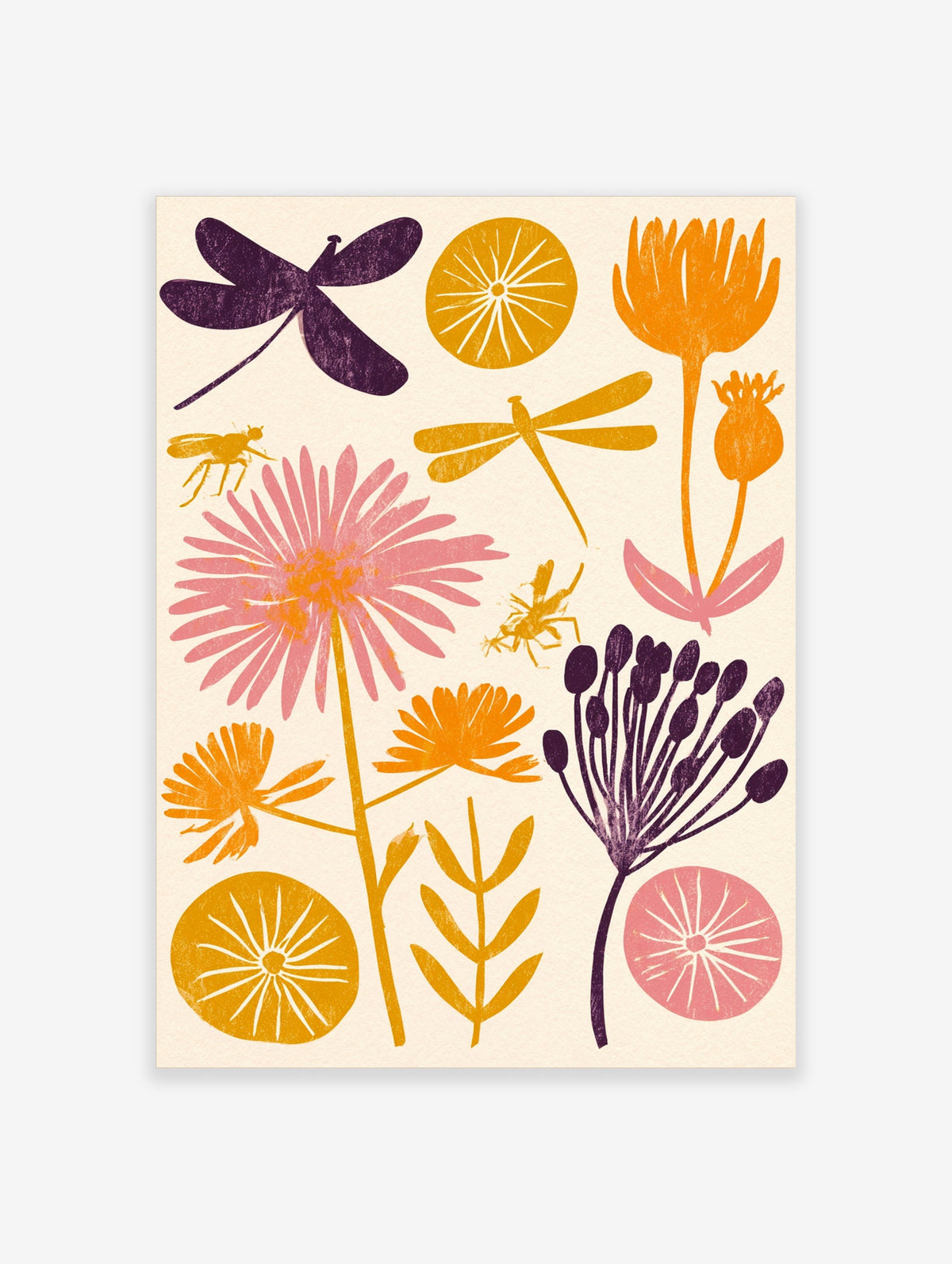 Orange and pink botanical art print with dragonflies, insects, and stylised flowers on a cream background