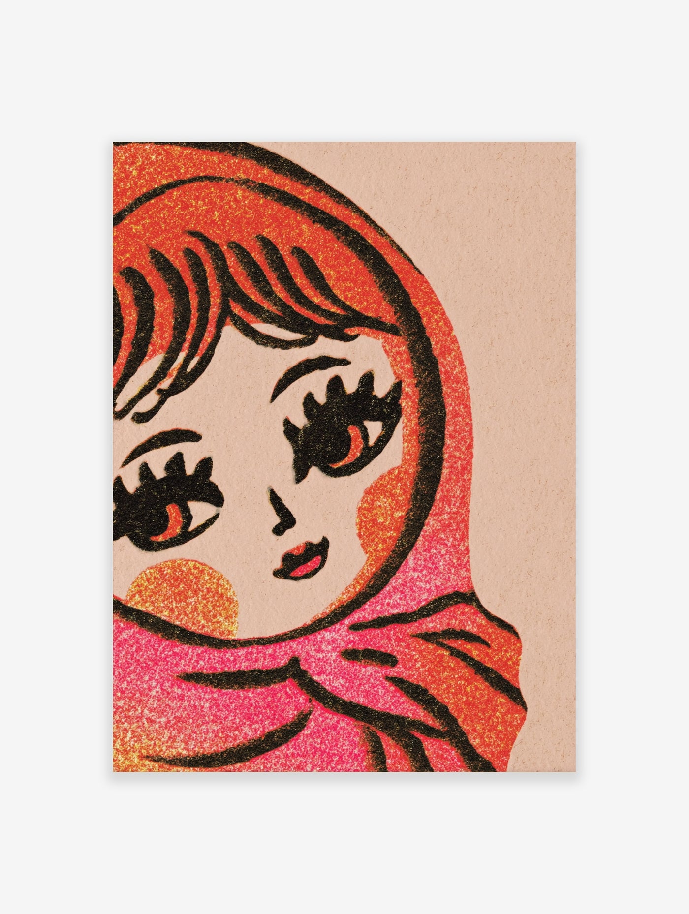 Illustrated portrait of a woman with orange hair and pink scarf, bold black outlines, textured style