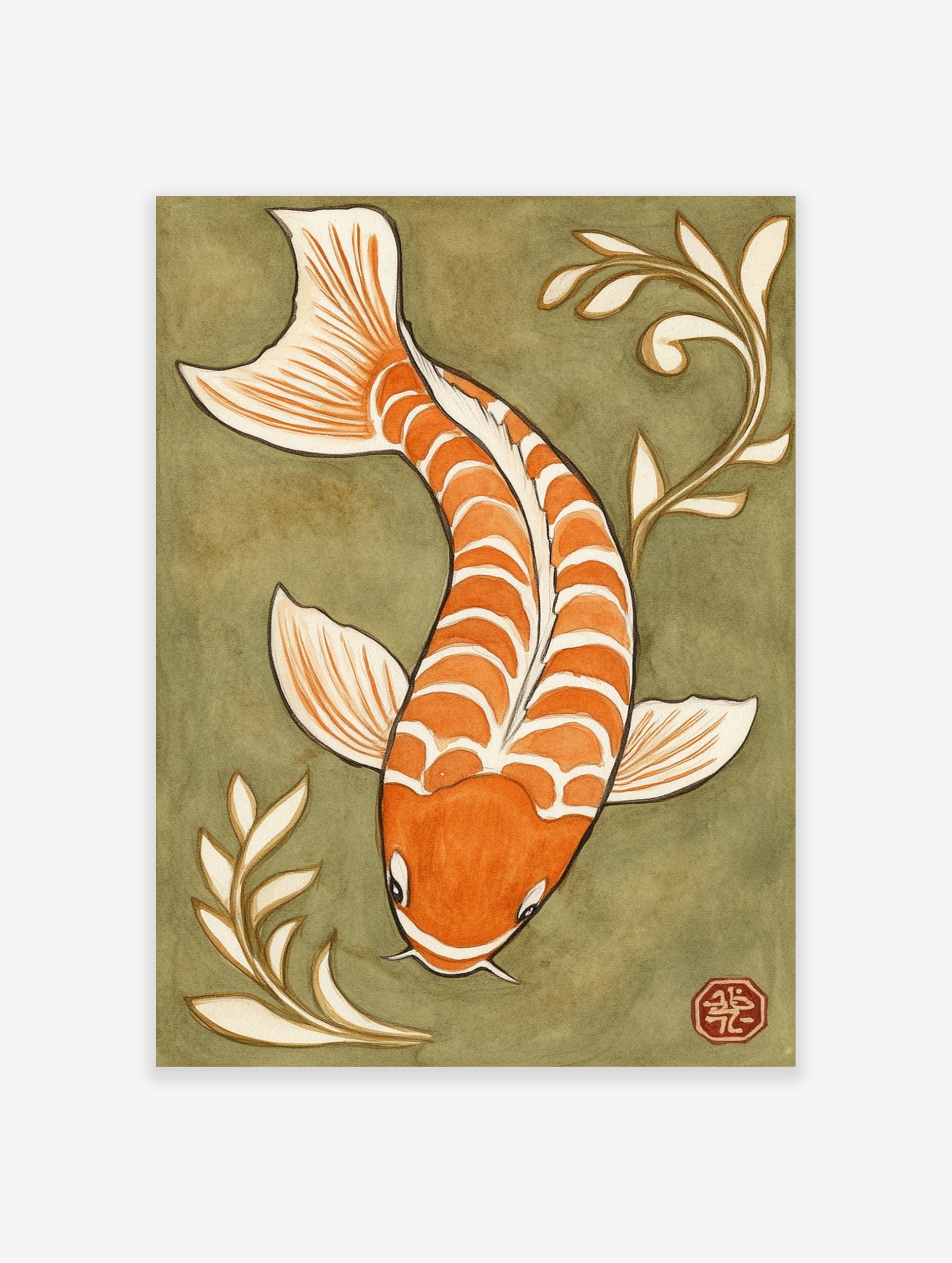 Orange and white koi fish illustration with white plant motifs on an olive green background