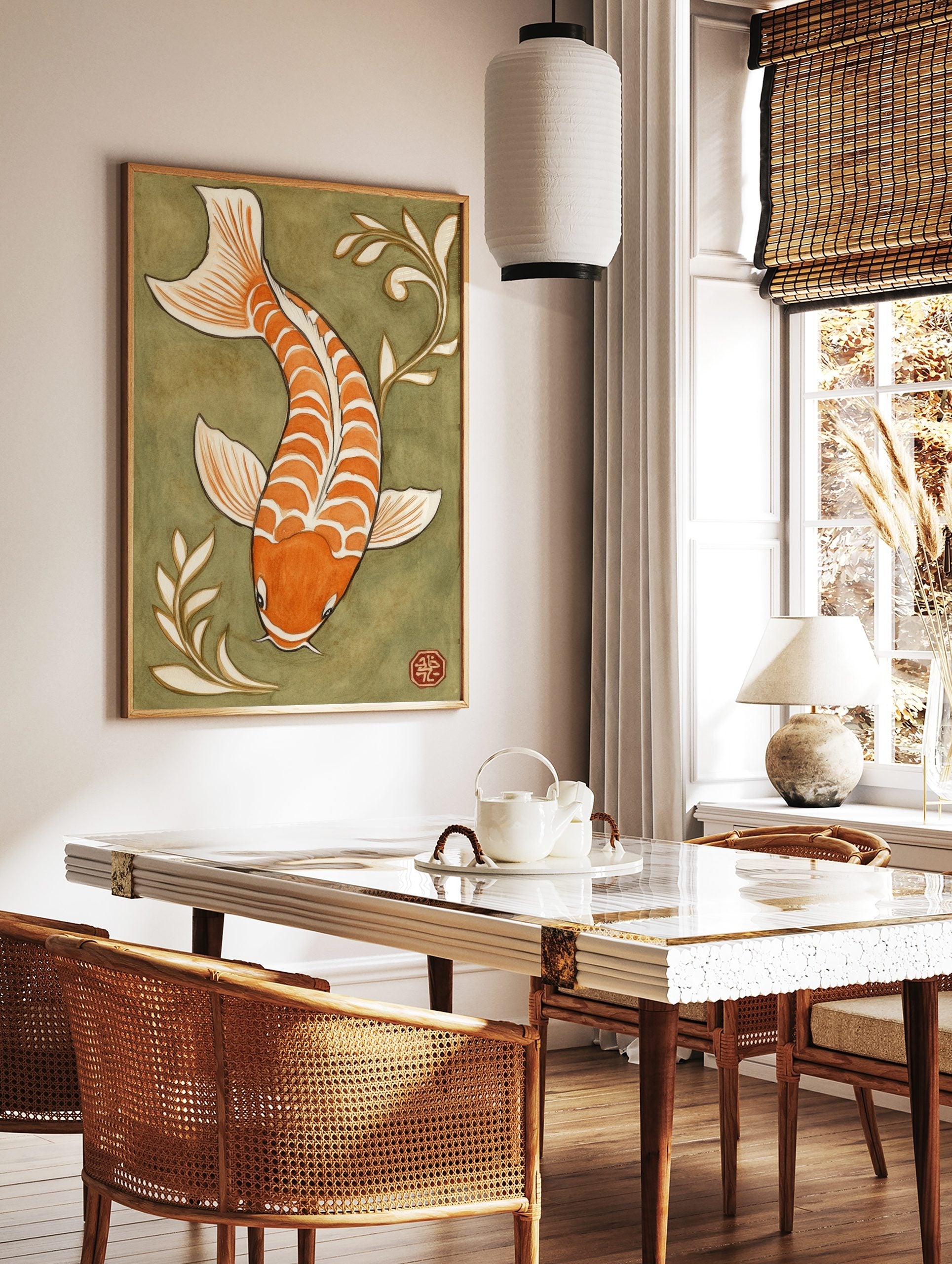 Orange and white koi fish illustration with white plant motifs on an olive green background, in a styled room mockup