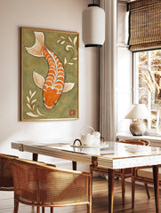 Orange and white koi fish illustration with white plant motifs on an olive green background, in a styled room mockup