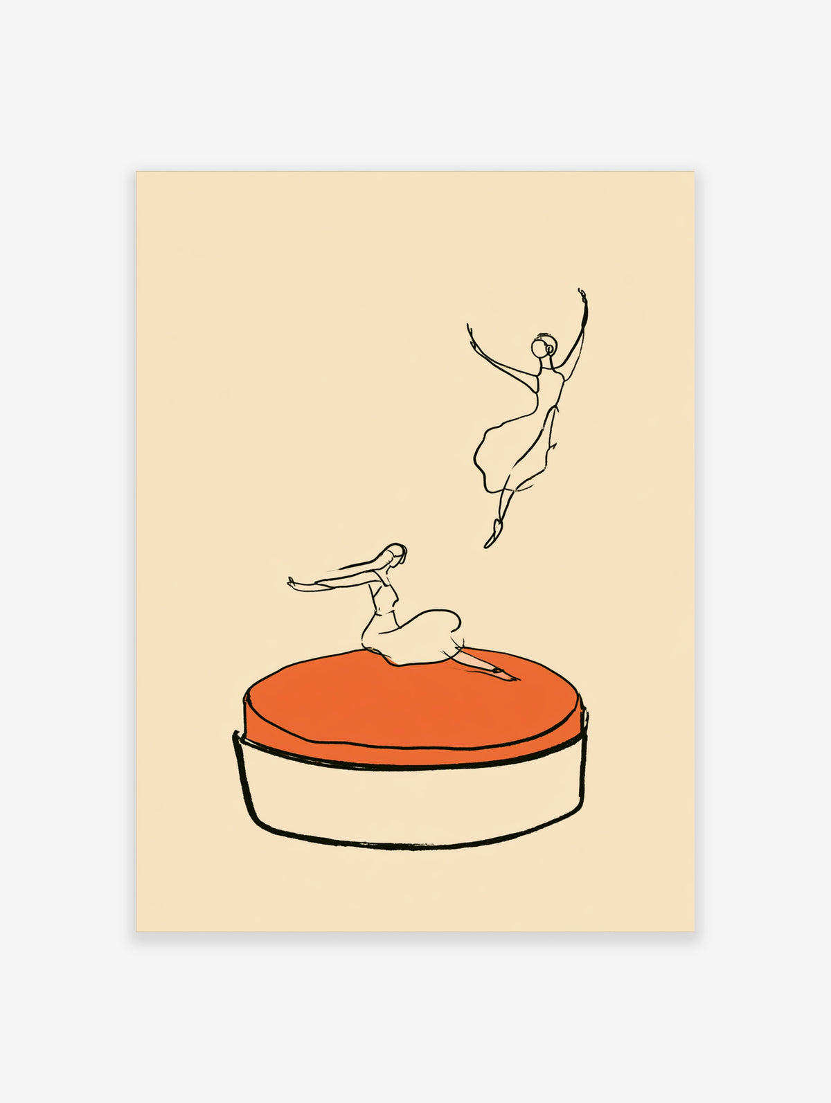 Minimalist ballet line art print with two dancers, one seated on an orange cushion and one leaping, on beige background