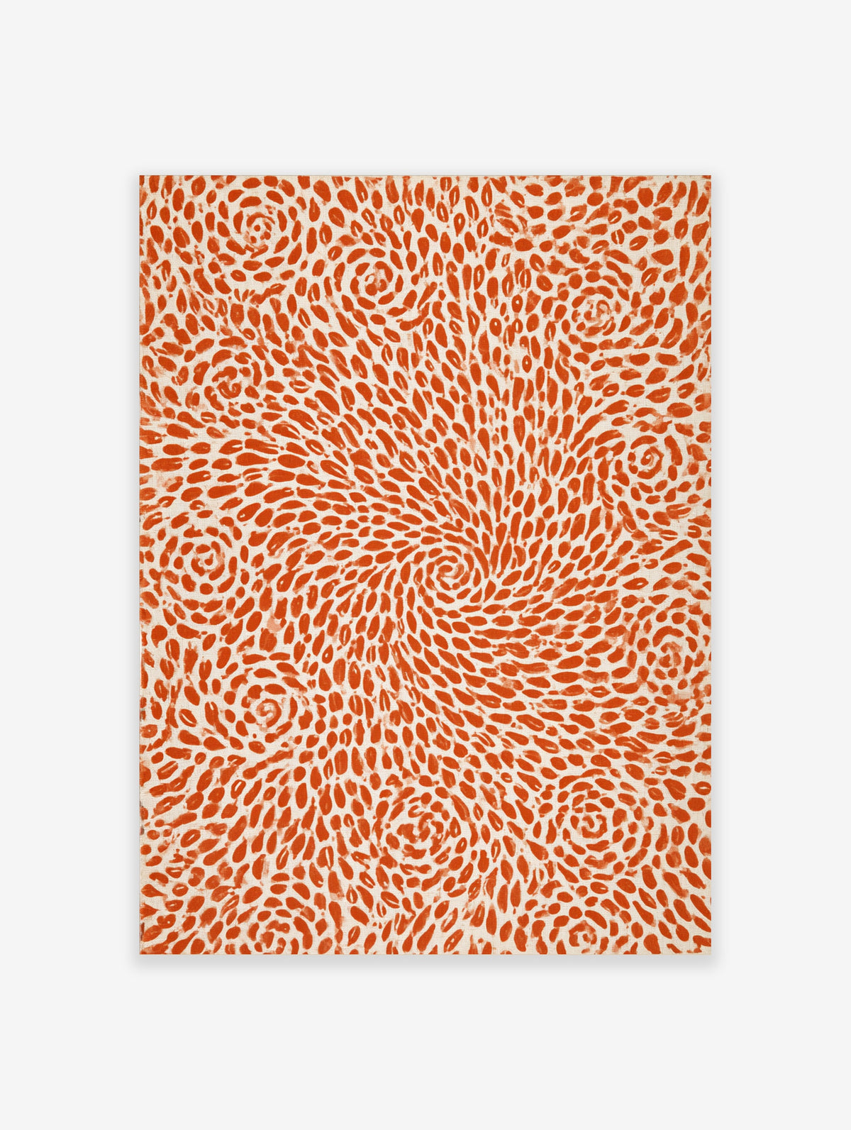 Abstract pattern of swirling orange organic shapes on a white background, printed wall art