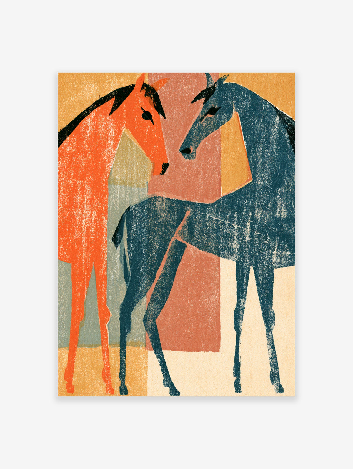 Orange and blue horse art print with two stylised horses facing each other on a geometric background