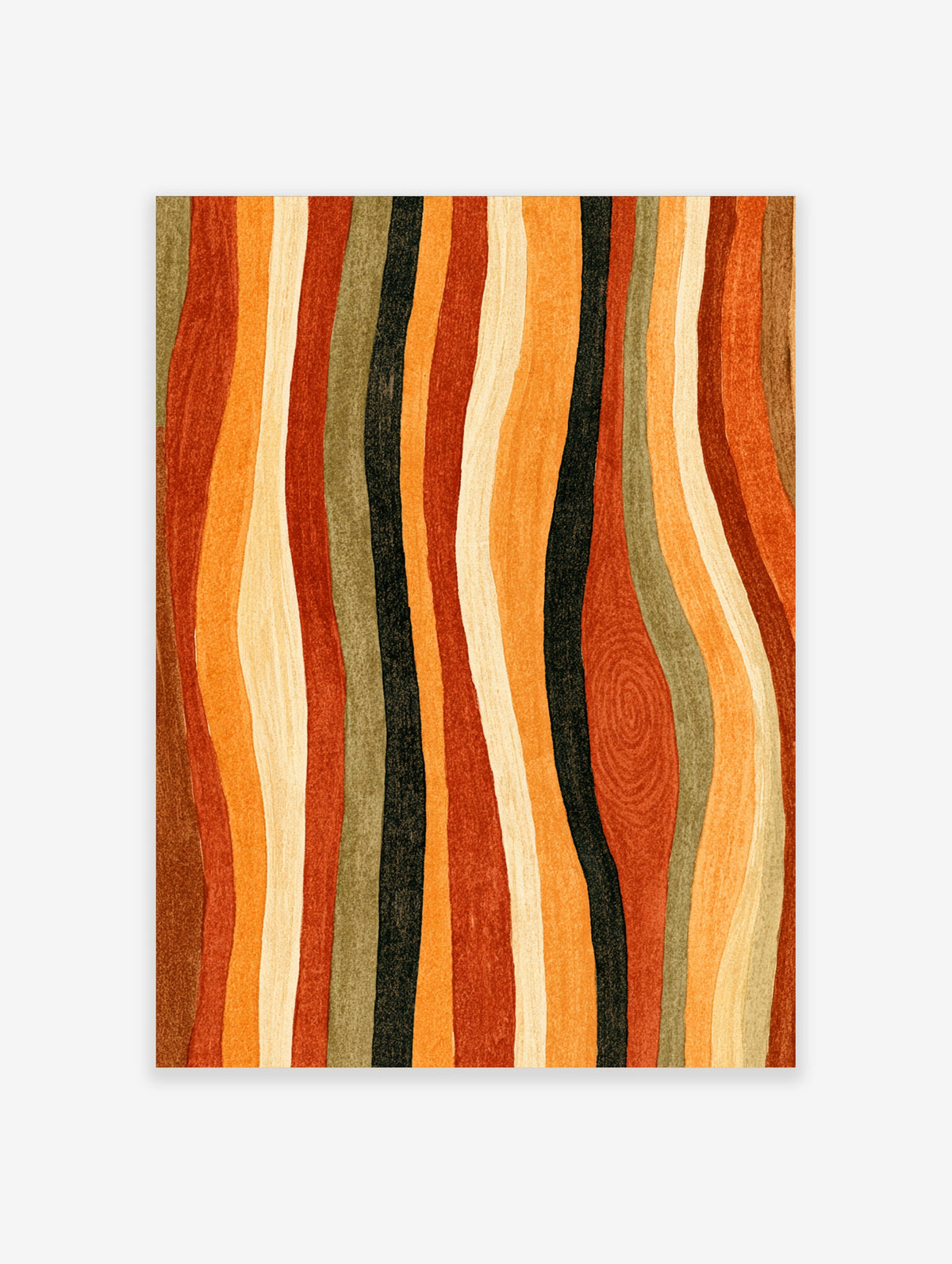Wavy vertical stripes in orange, red, black, and olive form an abstract retro pattern with a concentric oval motif
