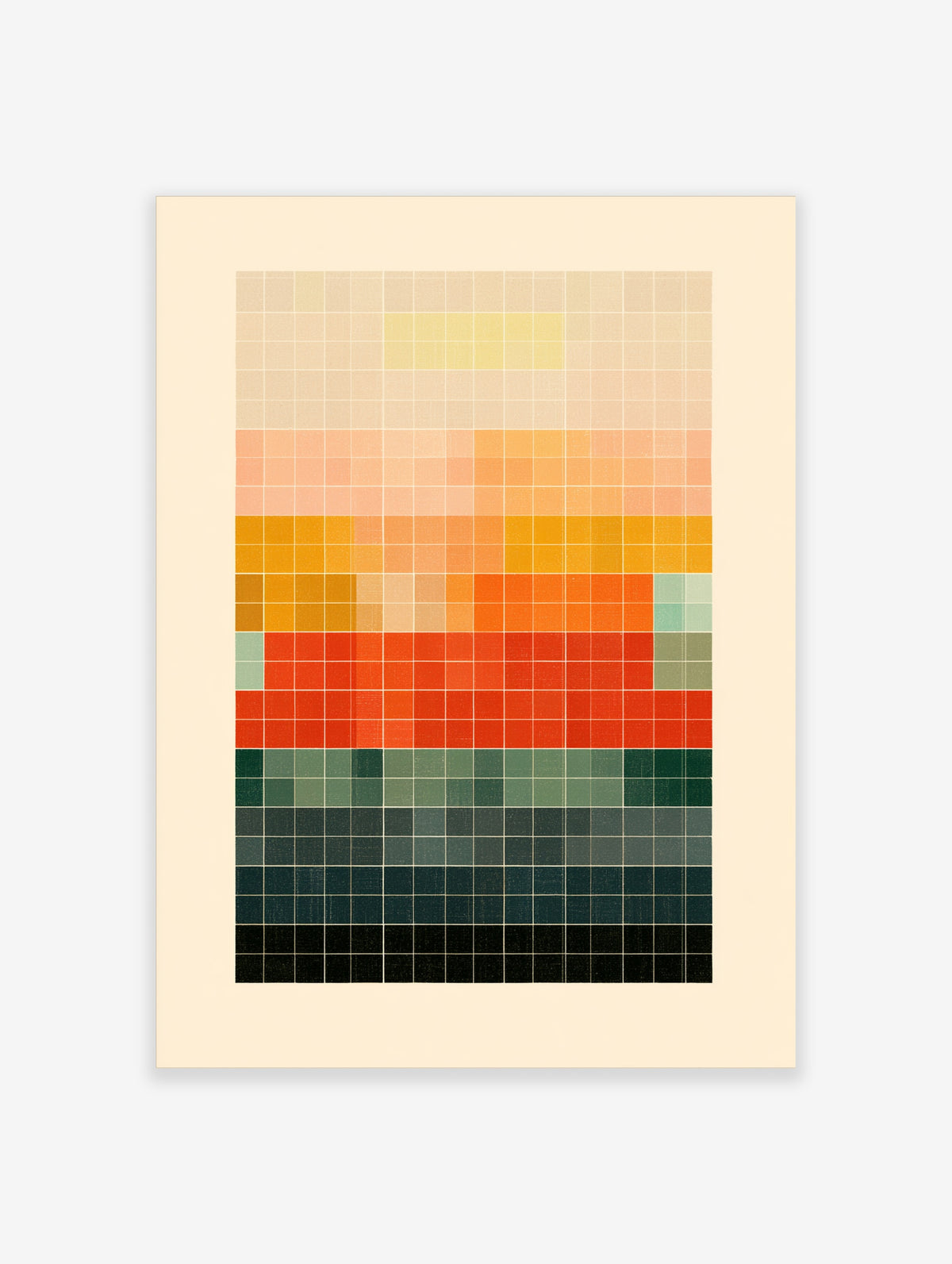 Geometric grid poster with stacked orange, yellow, teal and black colour blocks and fine white lines