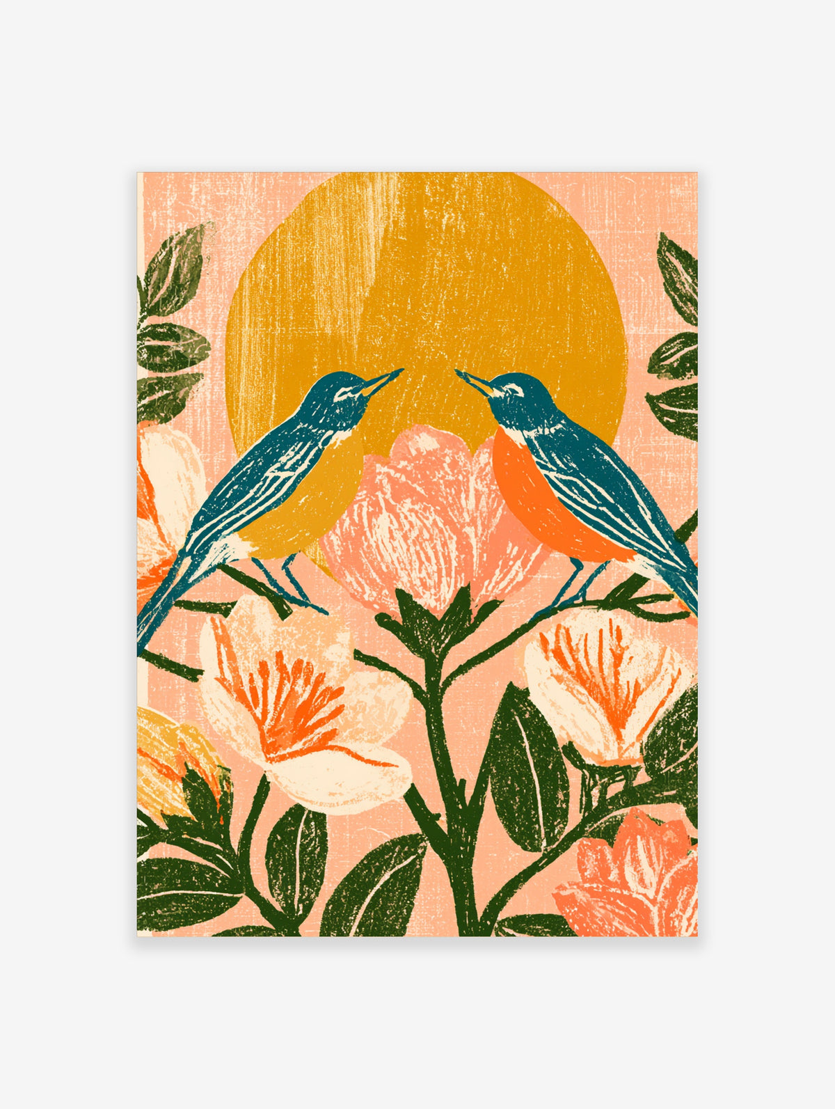 Two blue and orange birds facing each other on a branch with pink flowers and a yellow sun behind them