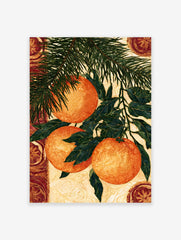 Illustrative botanical wall art of three hanging oranges on a pine branch with decorative circular background elements