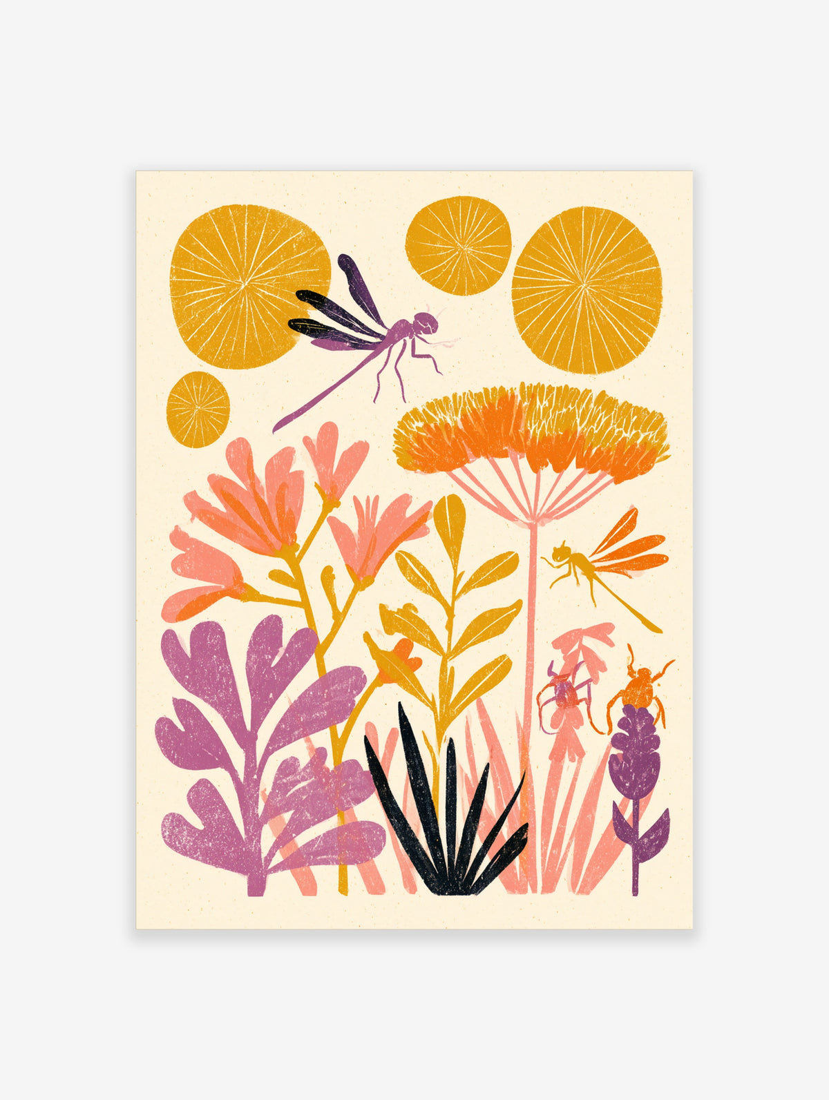 Colourful botanical art print with purple dragonfly, orange wildflowers, and yellow citrus slices on cream background