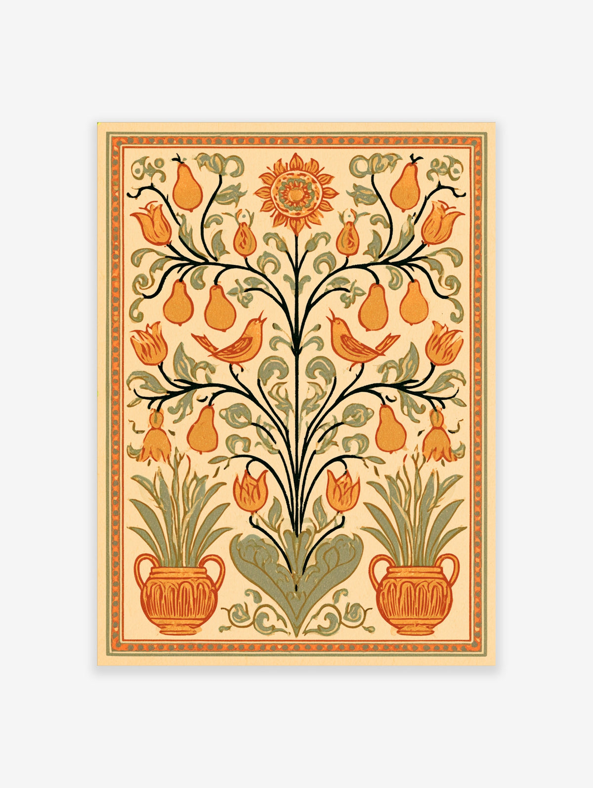 Symmetrical folk tree art print with orange pears, tulips, birds, and urns on cream background