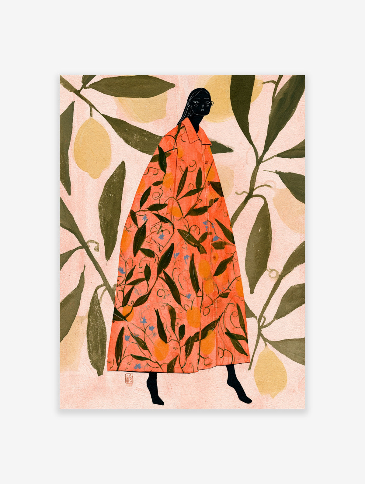 Illustrated poster of a woman in an orange botanical coat with lemons and leaves on pink background
