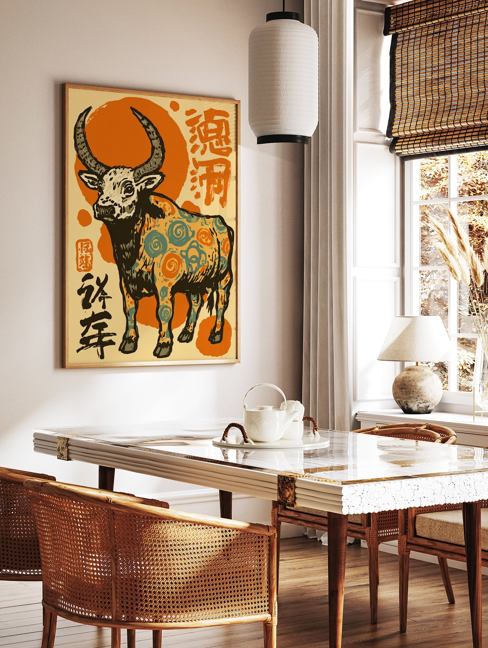 Orange Bull Wall Art with intricate teal and orange patterns, Chinese characters, and an orange circular background. - Image 3