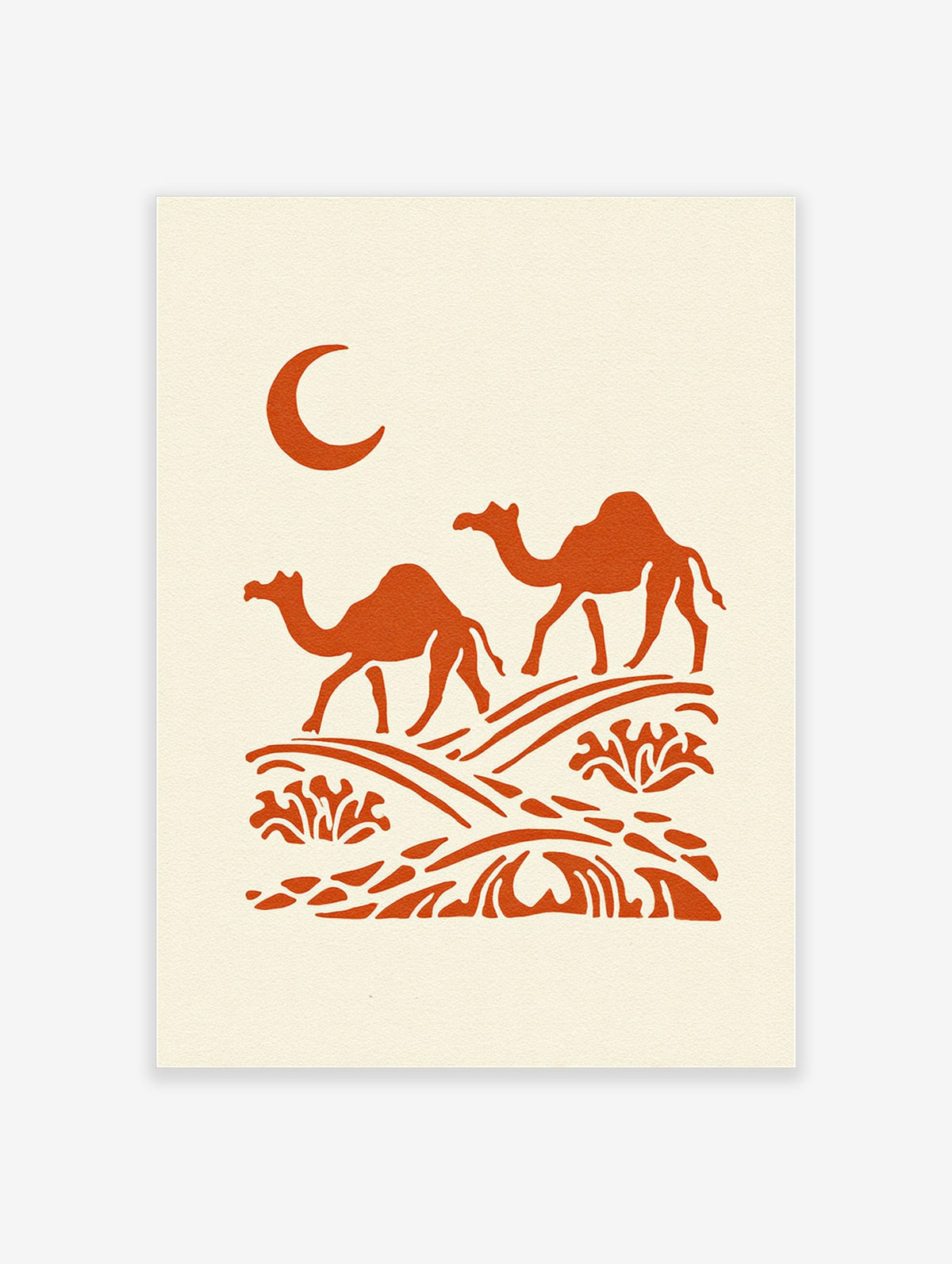 Illustrative orange dromedary camels walking on desert dunes under a crescent moon on a cream background