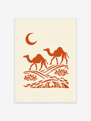 Illustrative orange dromedary camels walking on desert dunes under a crescent moon on a cream background