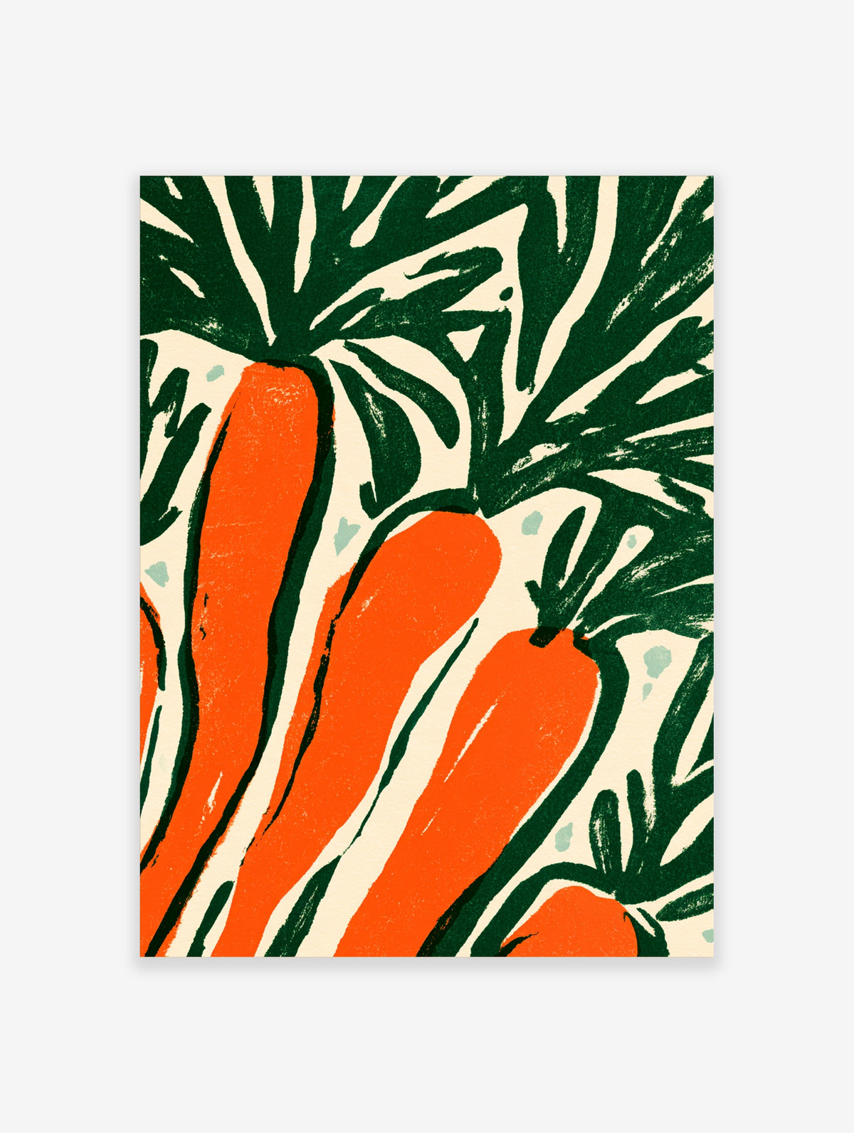 Orange carrot poster with dark green leaves on cream background, graphic vegetable print
