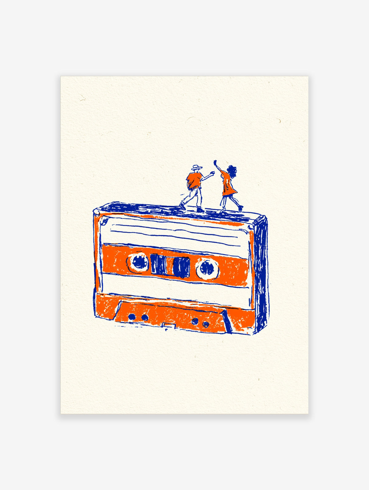 Orange cassette tape poster with two blue figures dancing on top, retro music wall art print