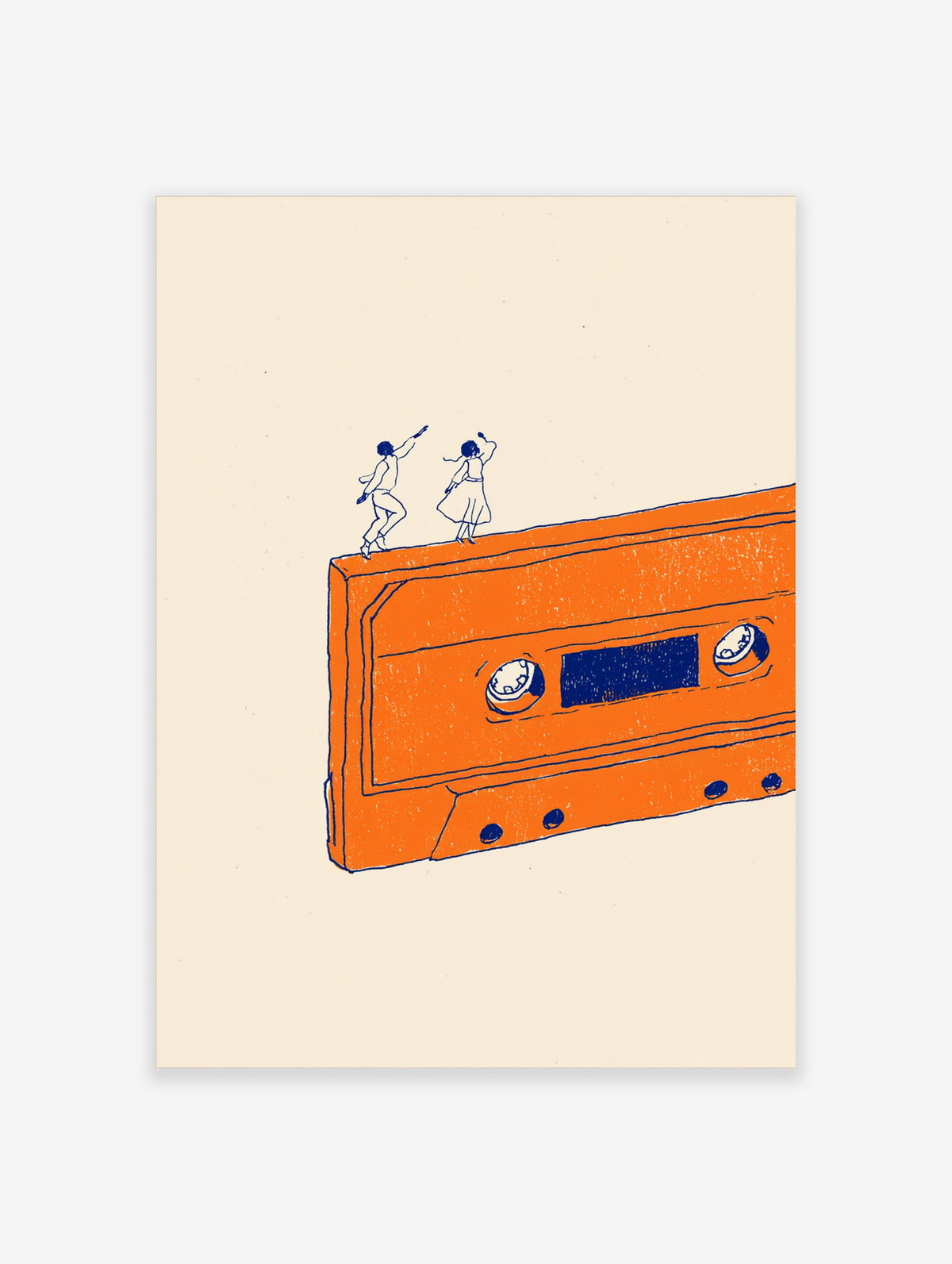 Orange cassette tape poster with blue line-art couple dancing on top, retro music wall art print