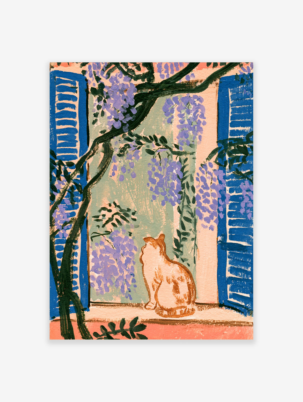 Orange cat on windowsill with purple wisteria and blue shutters, floral cat art print