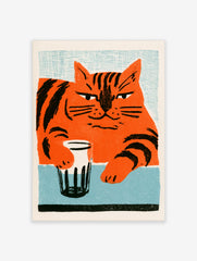 Stylised orange cat with black stripes holding a glass on a blue table, illustrative wall art print