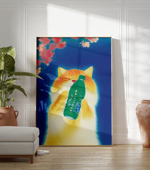 Orange cat poster with a fluffy white chest holding a green bottle, eyes closed in happiness, against a vibrant blue background with red flowers. - Image 3