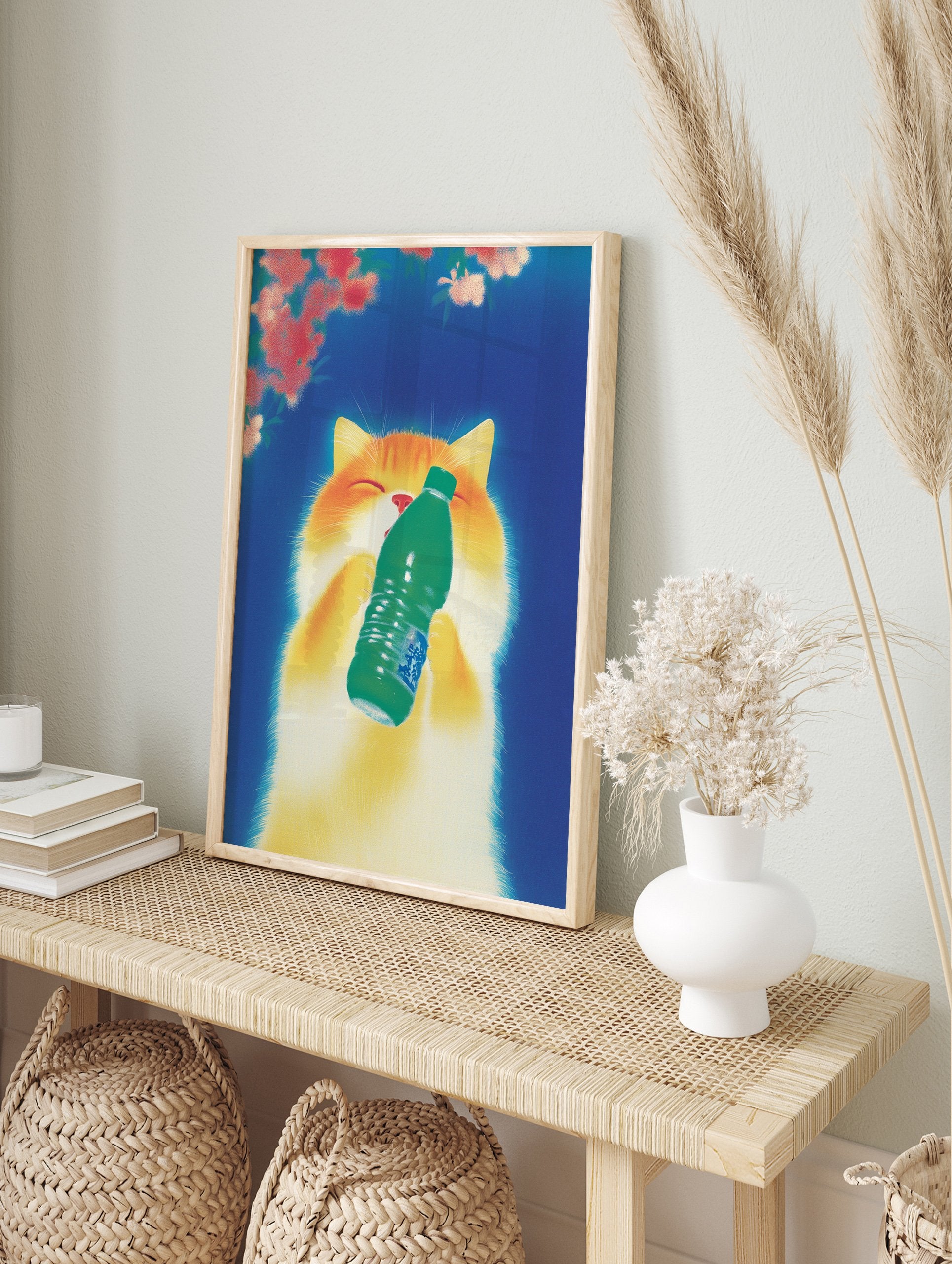 Orange cat poster with a fluffy white chest holding a green bottle, eyes closed in happiness, against a vibrant blue background with red flowers. - Image 4