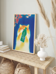 Orange cat poster with a fluffy white chest holding a green bottle, eyes closed in happiness, against a vibrant blue background with red flowers. - Image 4