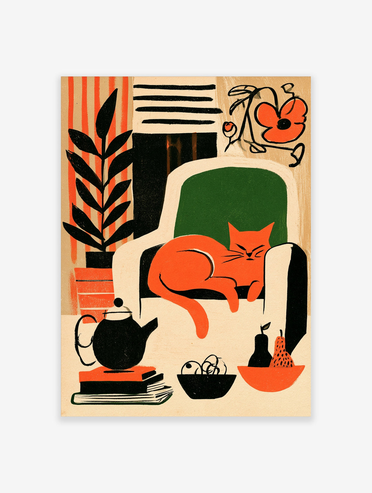 Orange cat sleeping on green armchair modern illustration poster