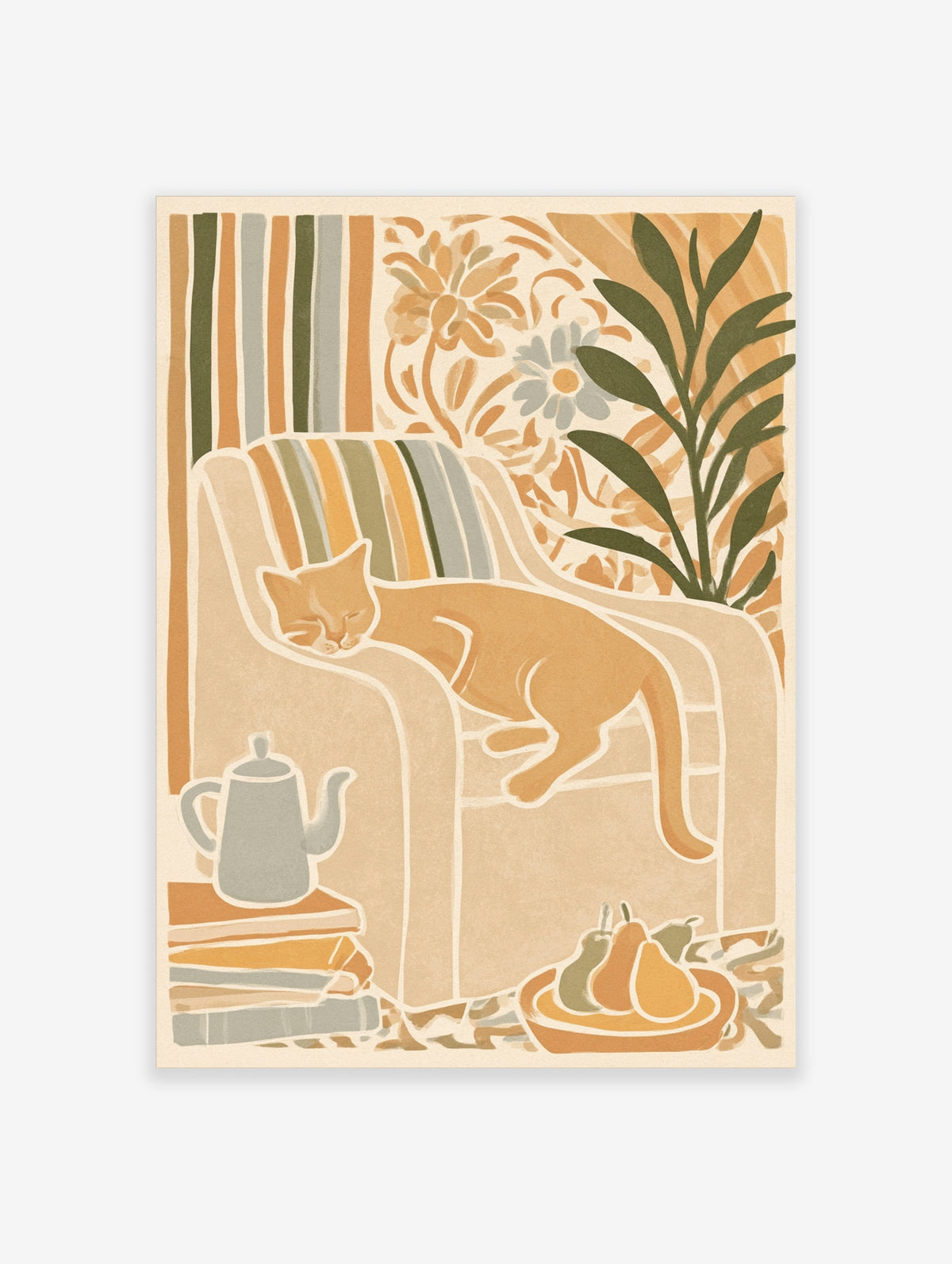Ginger cat sleeping on a striped armchair with teapot, books, and pears in warm ochre and sage
