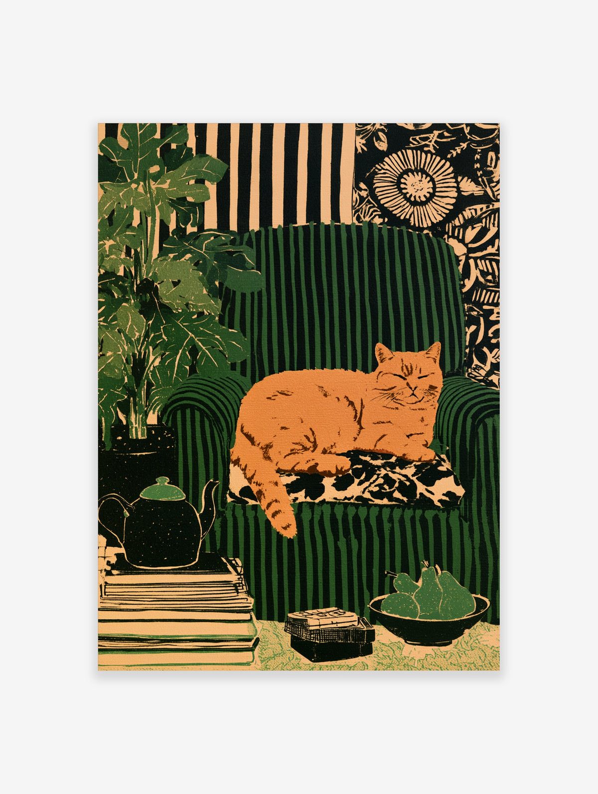 Orange tabby cat on green striped armchair with teapot, books, pears and monstera plant poster