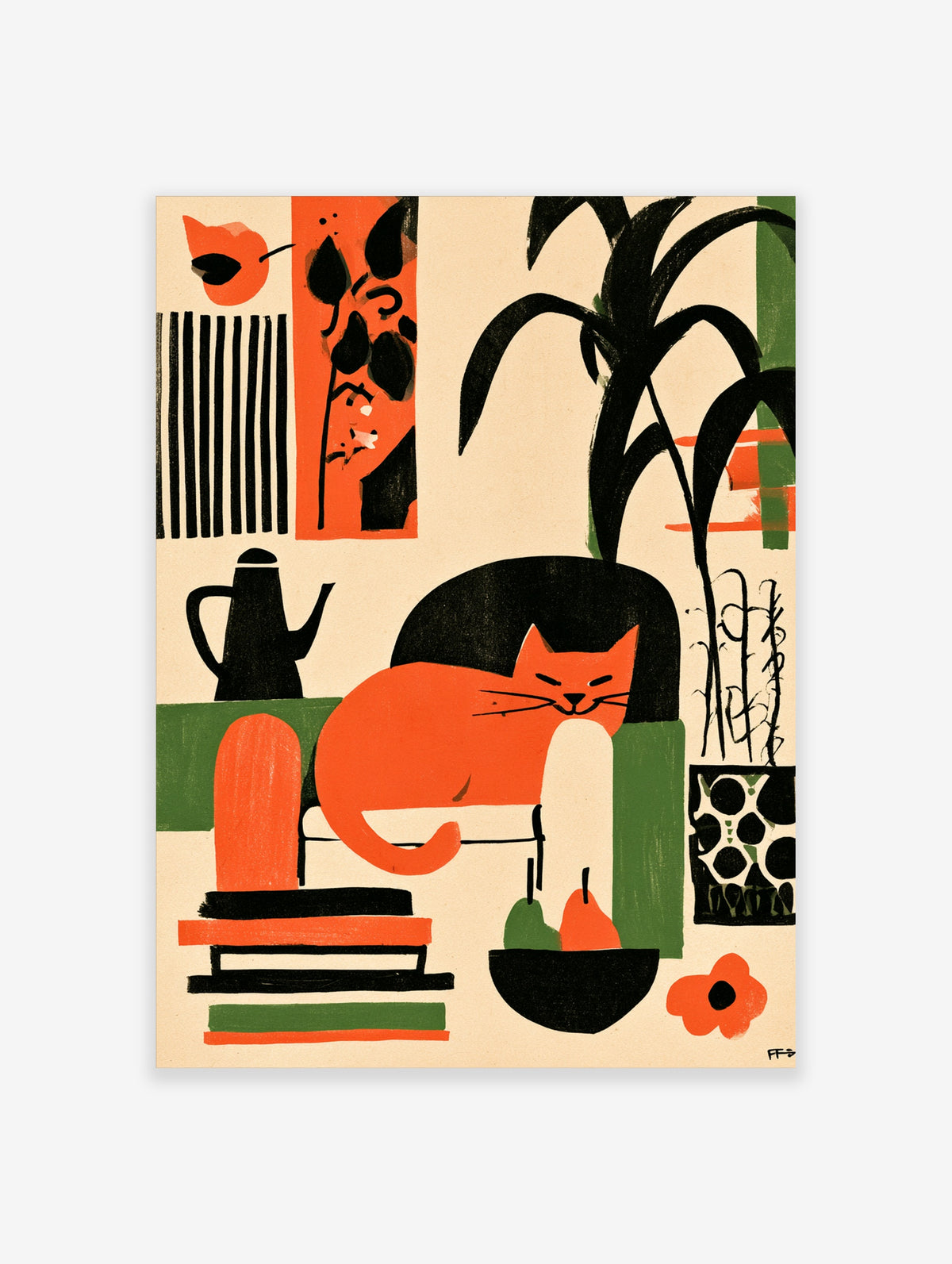 Orange cat sleeping under black plant in modern abstract art print with green and cream shapes