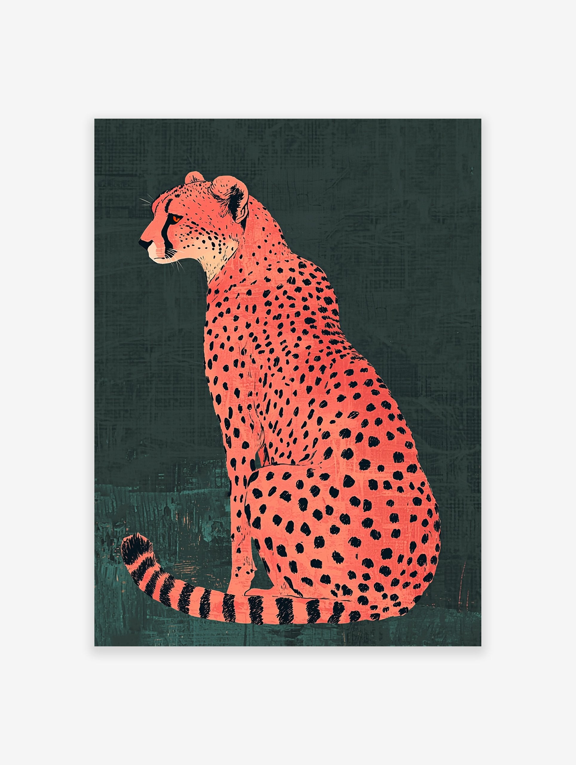 Orange cheetah poster illustration with black spots sitting against a dark green textured background.