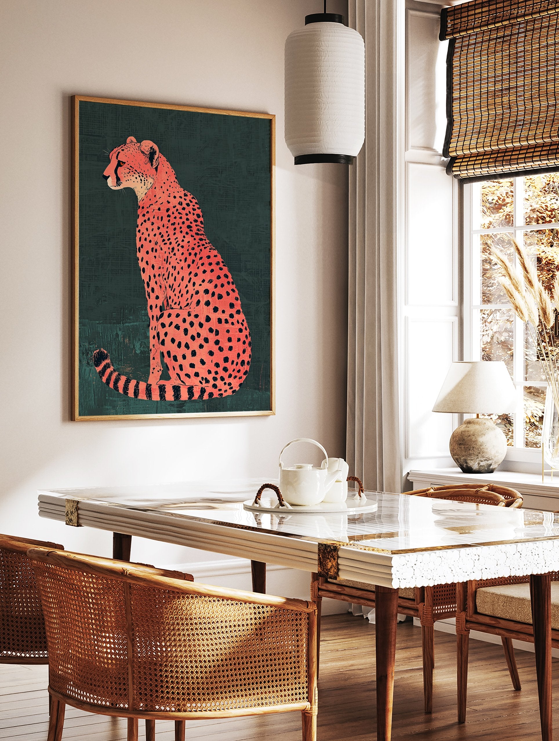 Orange cheetah poster illustration with black spots sitting against a dark green textured background. - Image 2