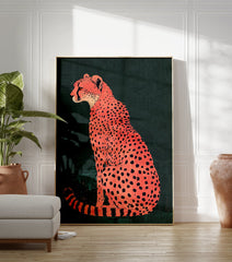 Orange cheetah poster illustration with black spots sitting against a dark green textured background. - Image 3