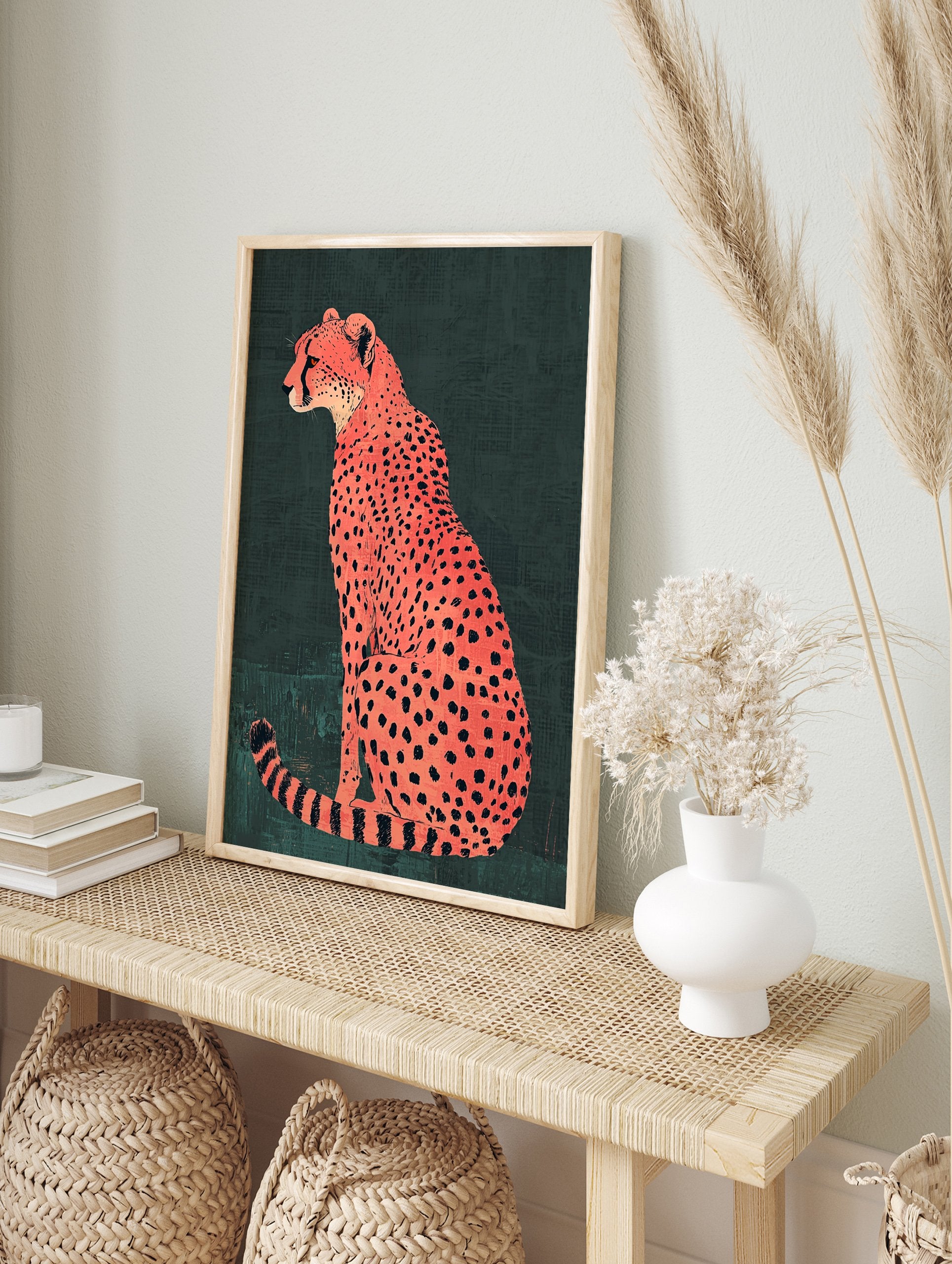 Orange cheetah poster illustration with black spots sitting against a dark green textured background. - Image 4