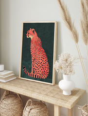 Orange cheetah poster illustration with black spots sitting against a dark green textured background. - Image 4