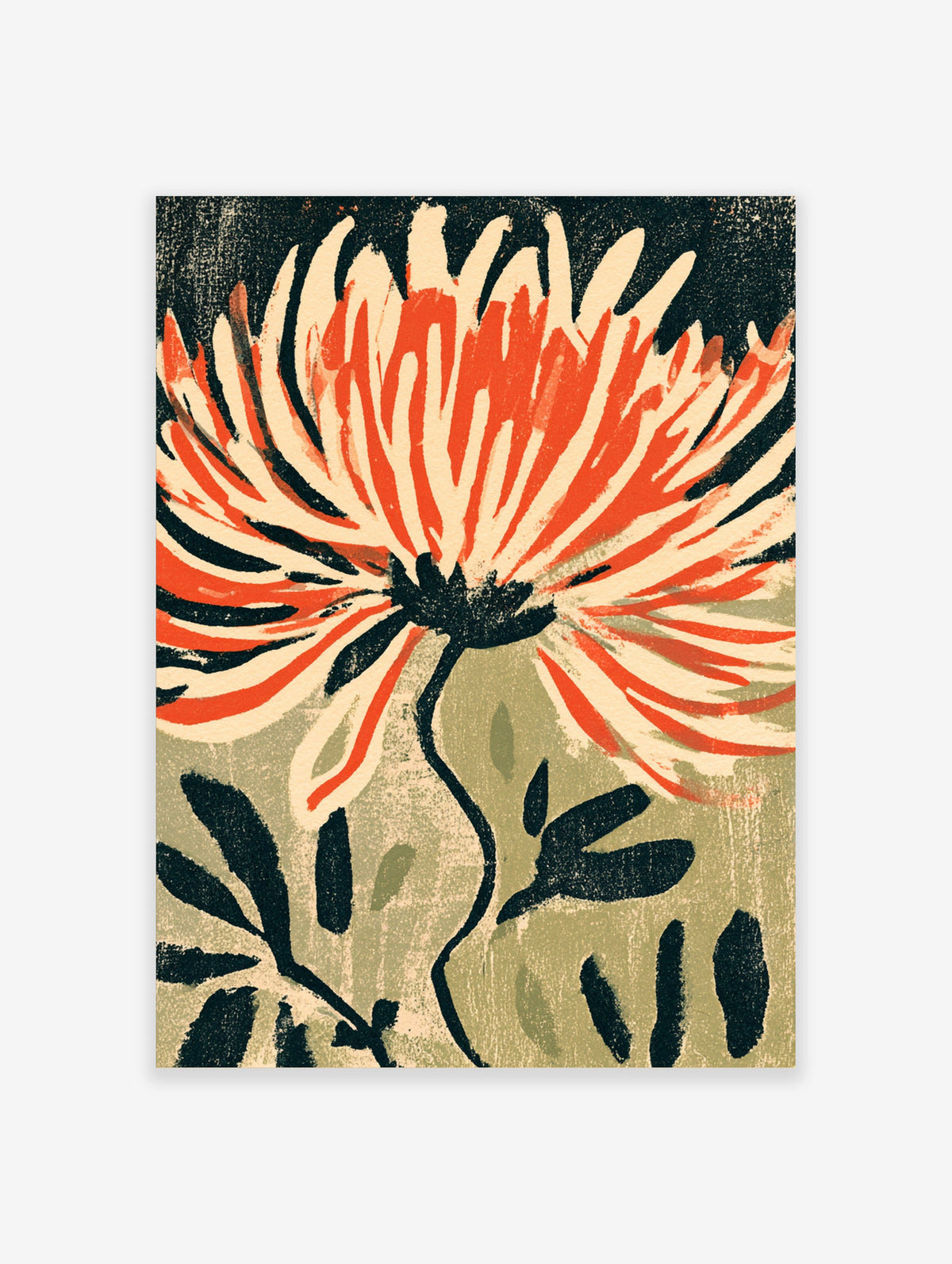 Orange chrysanthemum flower art print with cream petals and dark leaves on a textured background