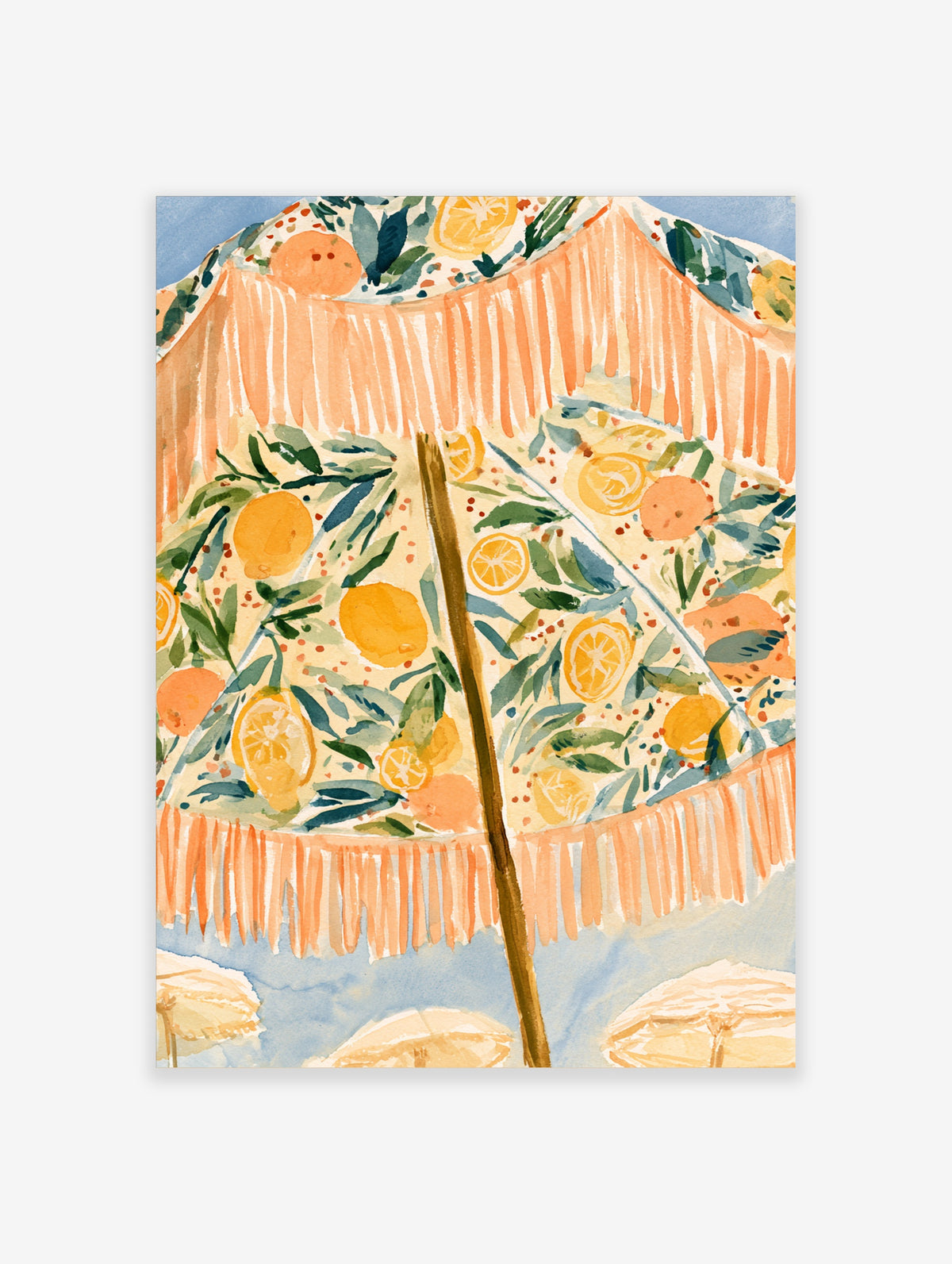 Watercolour orange citrus umbrella poster with lemons, green leaves, and orange fringe on a pale blue background