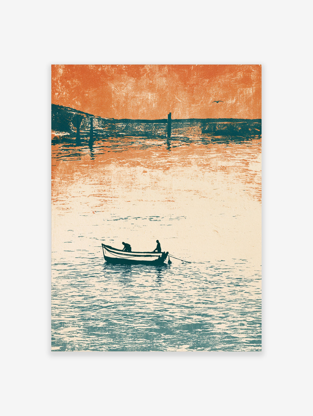 Orange coastal boat poster with two silhouetted fishermen in a rowing boat on calm water and dark posts