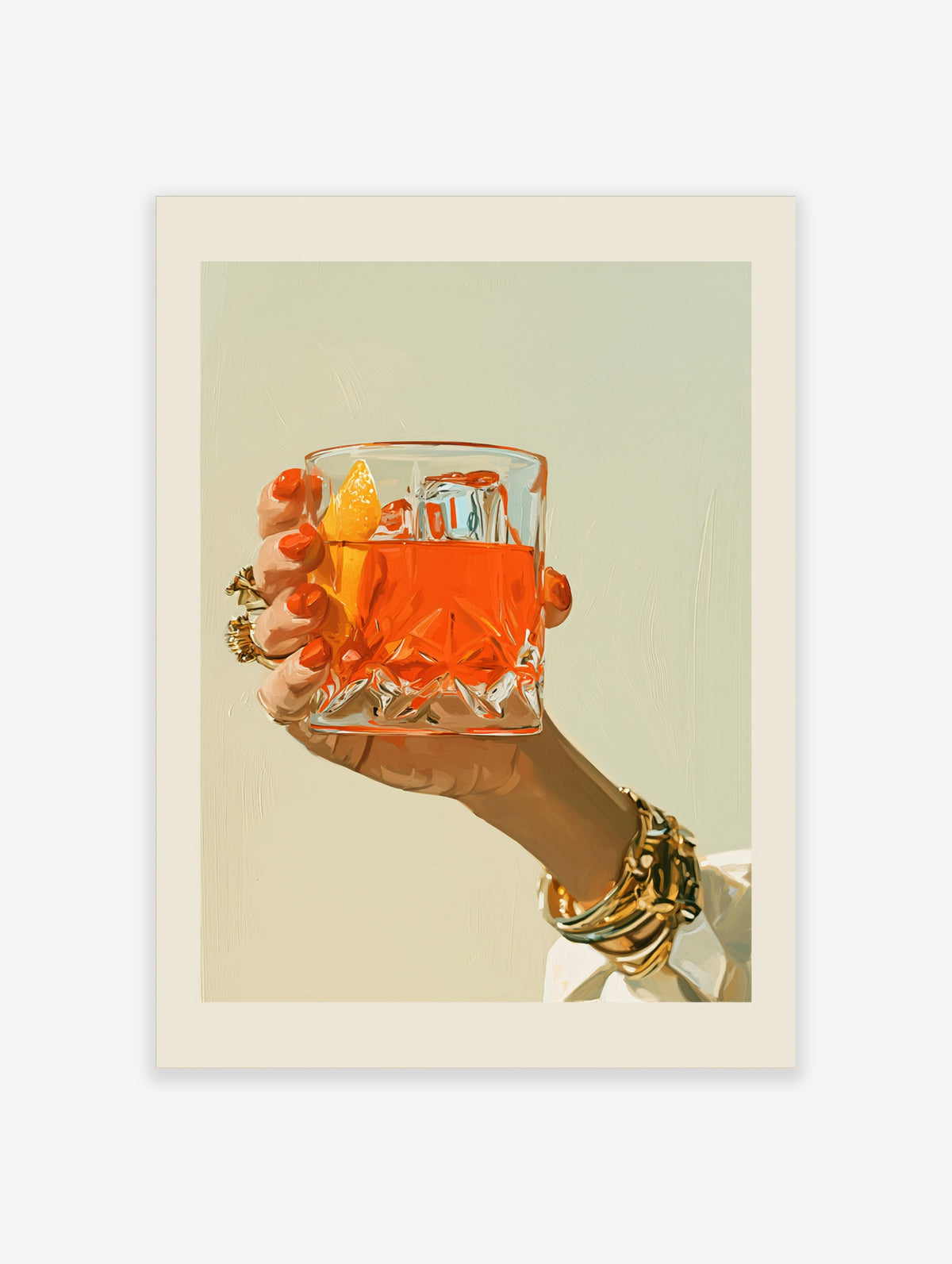 Hand with red nails holding a faceted glass of orange cocktail with ice and citrus wedge against a pale background