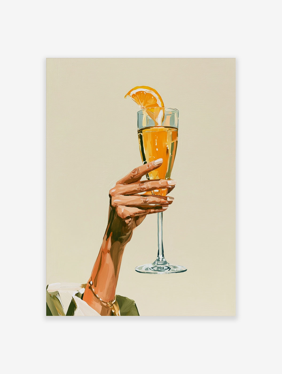 Orange cocktail poster of a hand holding a champagne flute with an orange slice garnish on a beige background