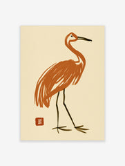 Stylized orange crane bird illustration with Japanese-style red seal on cream background