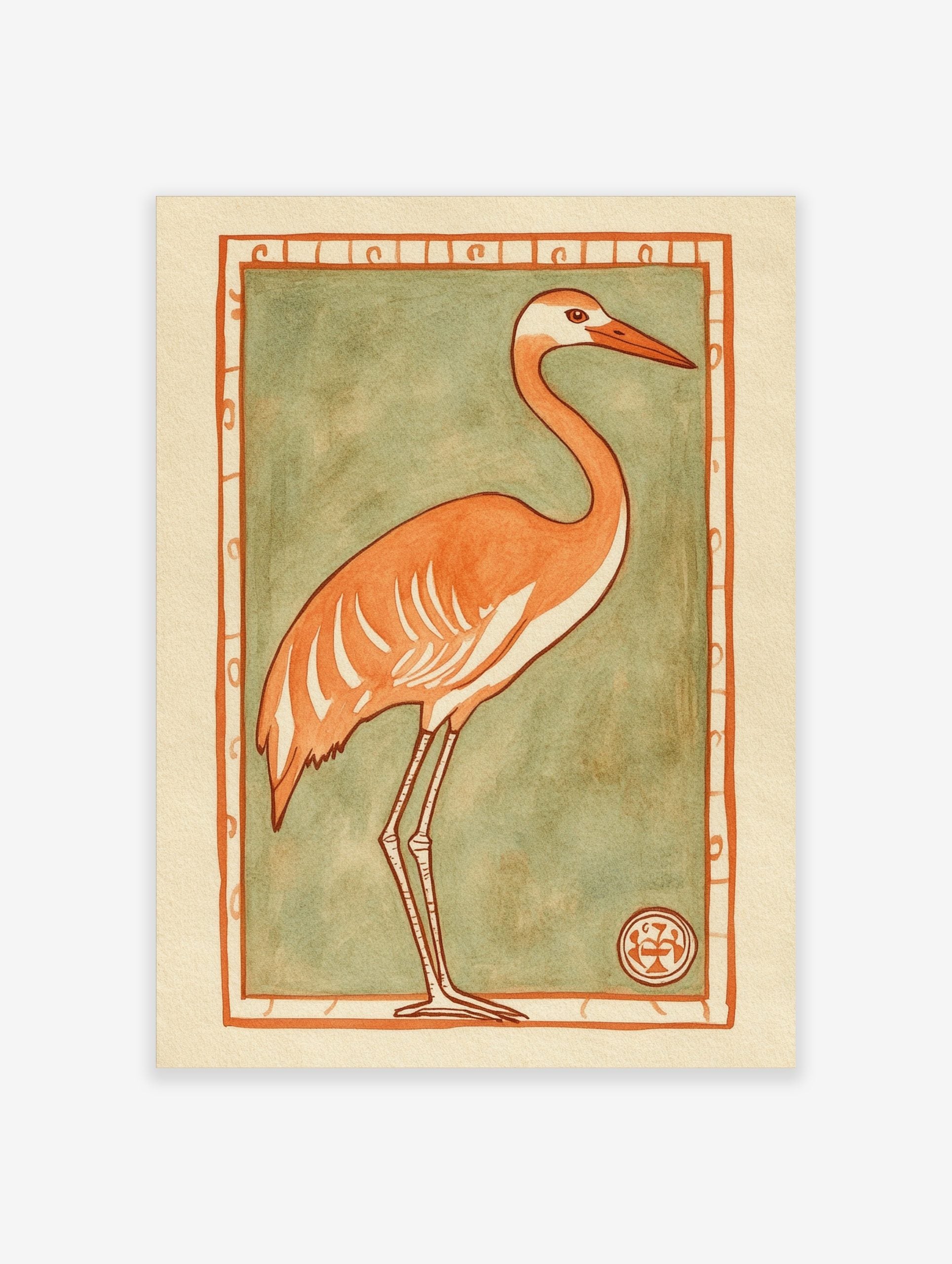 Stylised orange crane with white details and long legs, set against a sage green background with an ornate terracotta border
