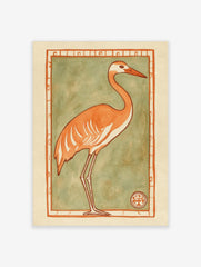 Stylised orange crane with white details and long legs, set against a sage green background with an ornate terracotta border