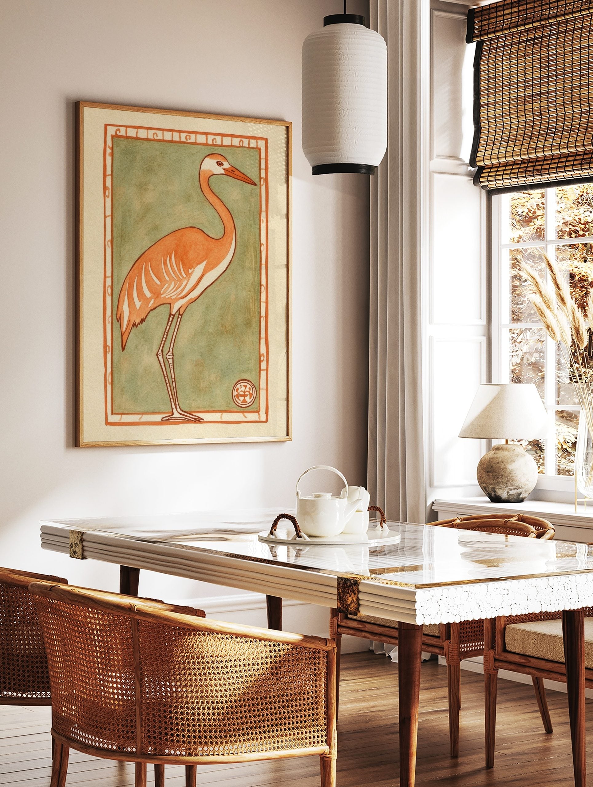 Stylised orange crane with white details and long legs, set against a sage green background with an, in a styled room mockup